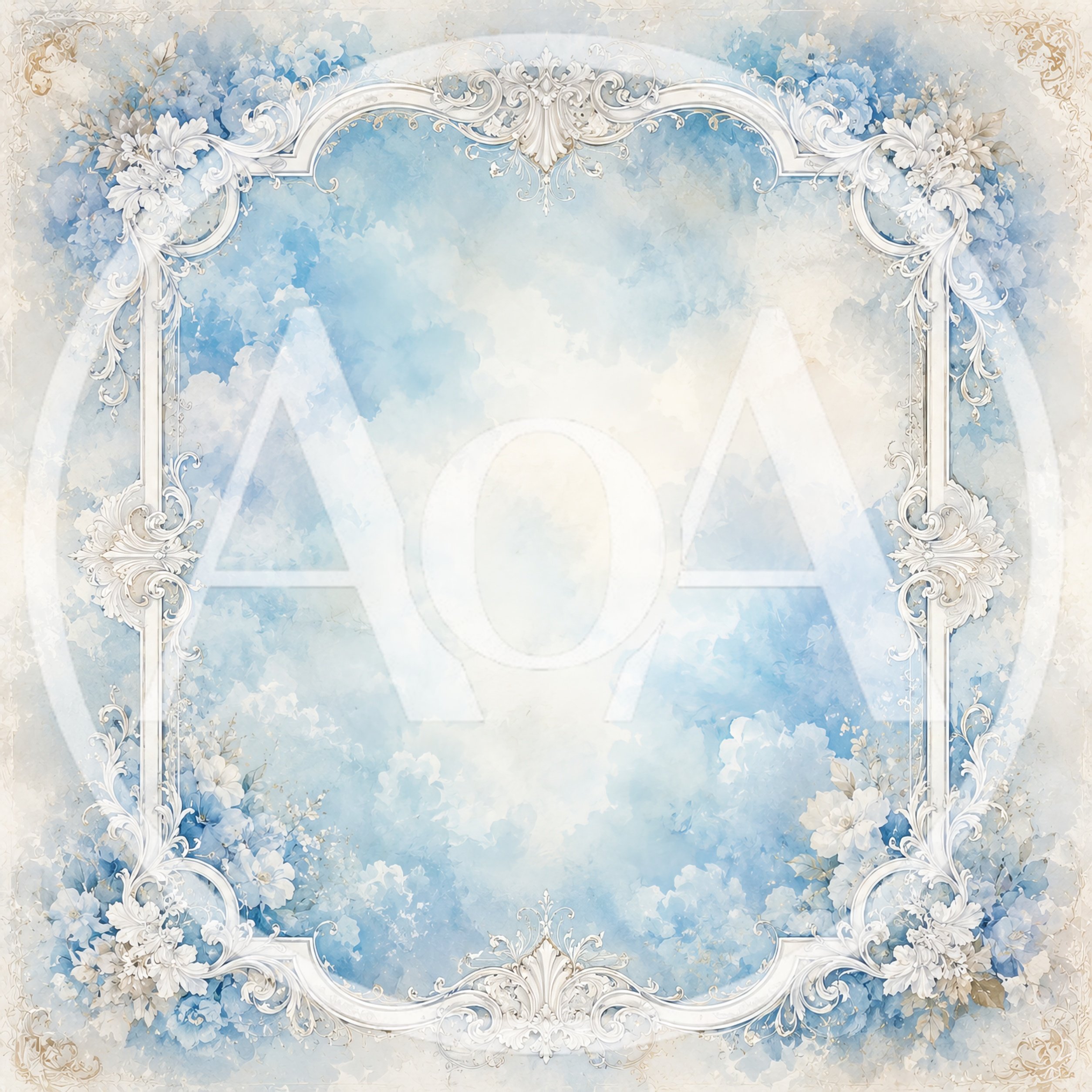 Ornate Baroque Frame With Blue Floral Watercolor Background