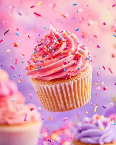 Pink Frosted Cupcake With Colorful Sprinkles