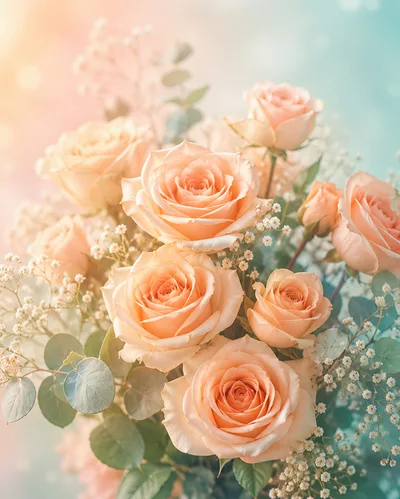 Elegant Bouquet Of Soft Peach Roses And Baby Breath
