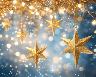 Golden Hanging Star Ornaments Against A Festive Bokeh Background