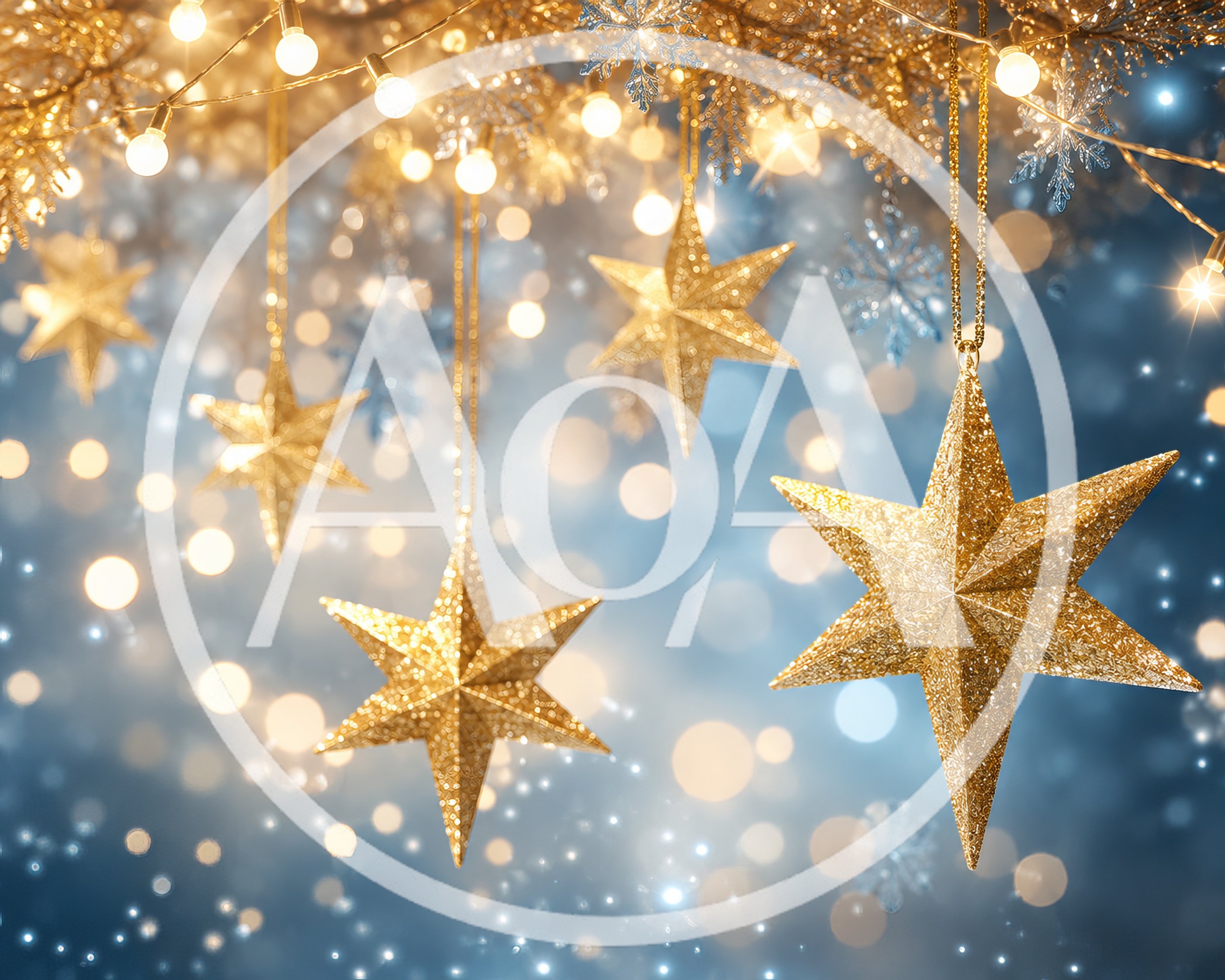 Golden Hanging Star Ornaments Against A Festive Bokeh Background