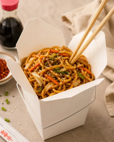 Takeout Box Filled With Stir Fried Lo Mein Noodles