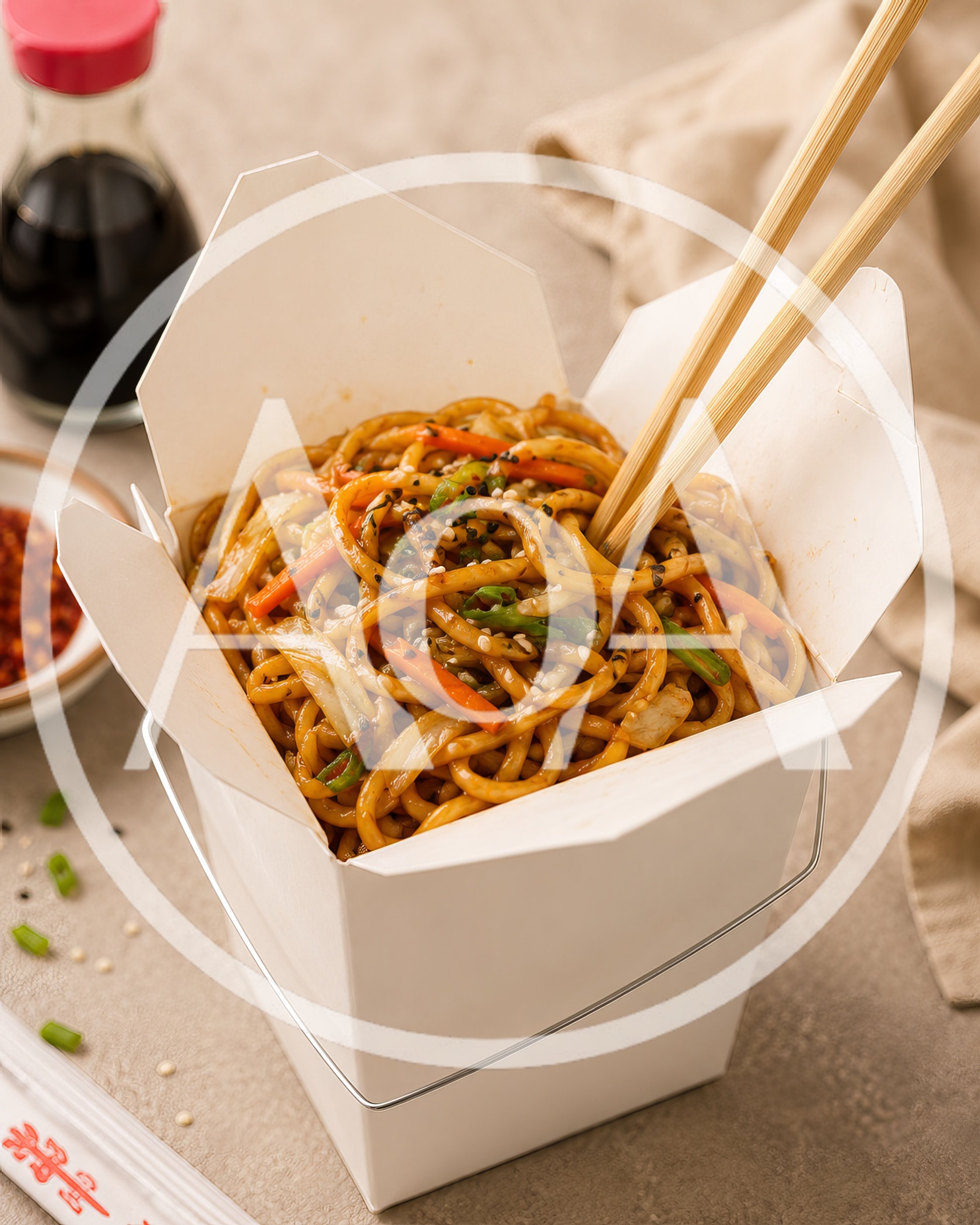 Takeout Box Filled With Stir Fried Lo Mein Noodles