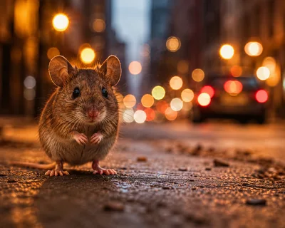 Small Brown Mouse Standing on City Street at Night