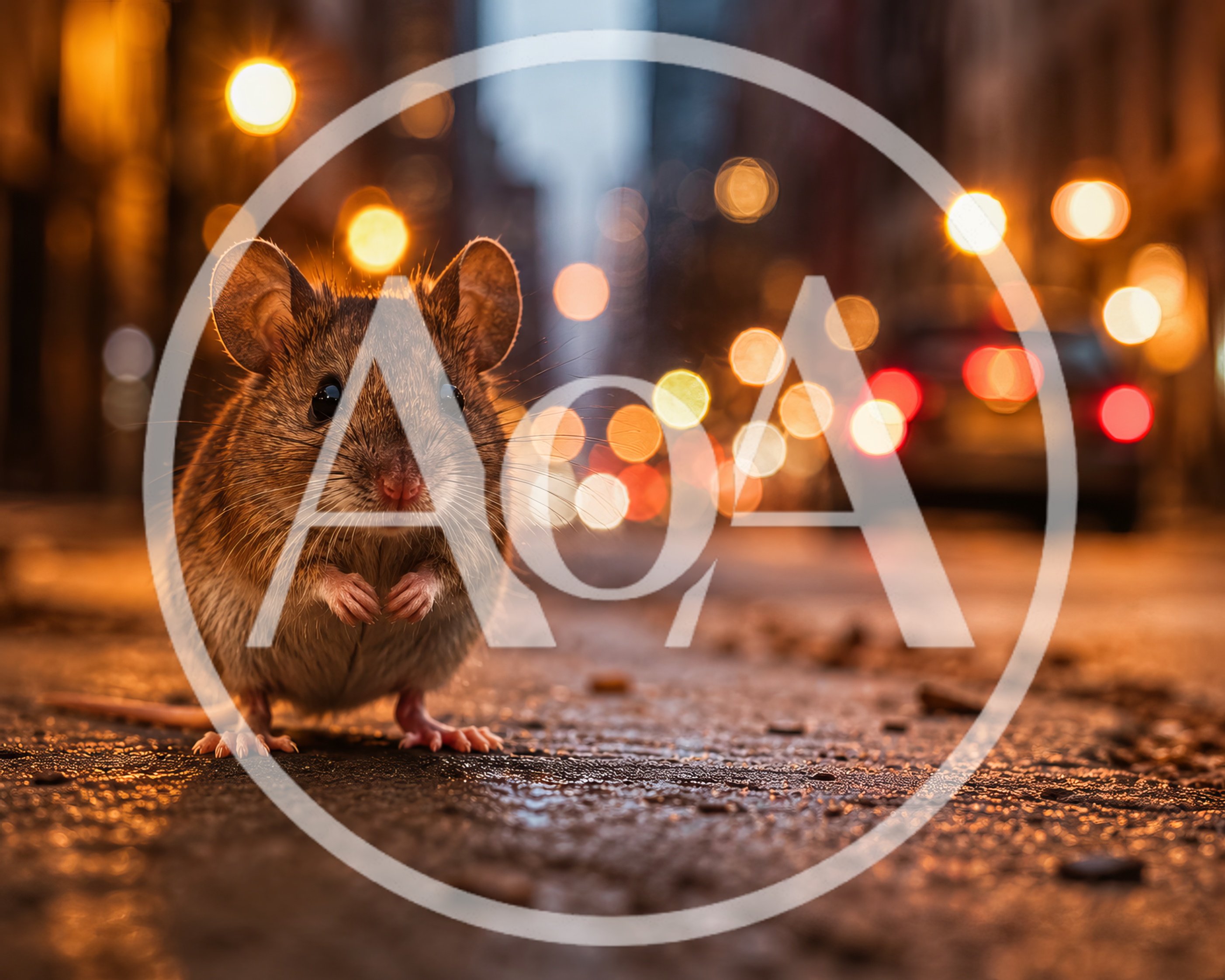 Small Brown Mouse Standing on City Street at Night