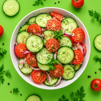 Fresh Cucumber and Tomato Salad in White Bowl