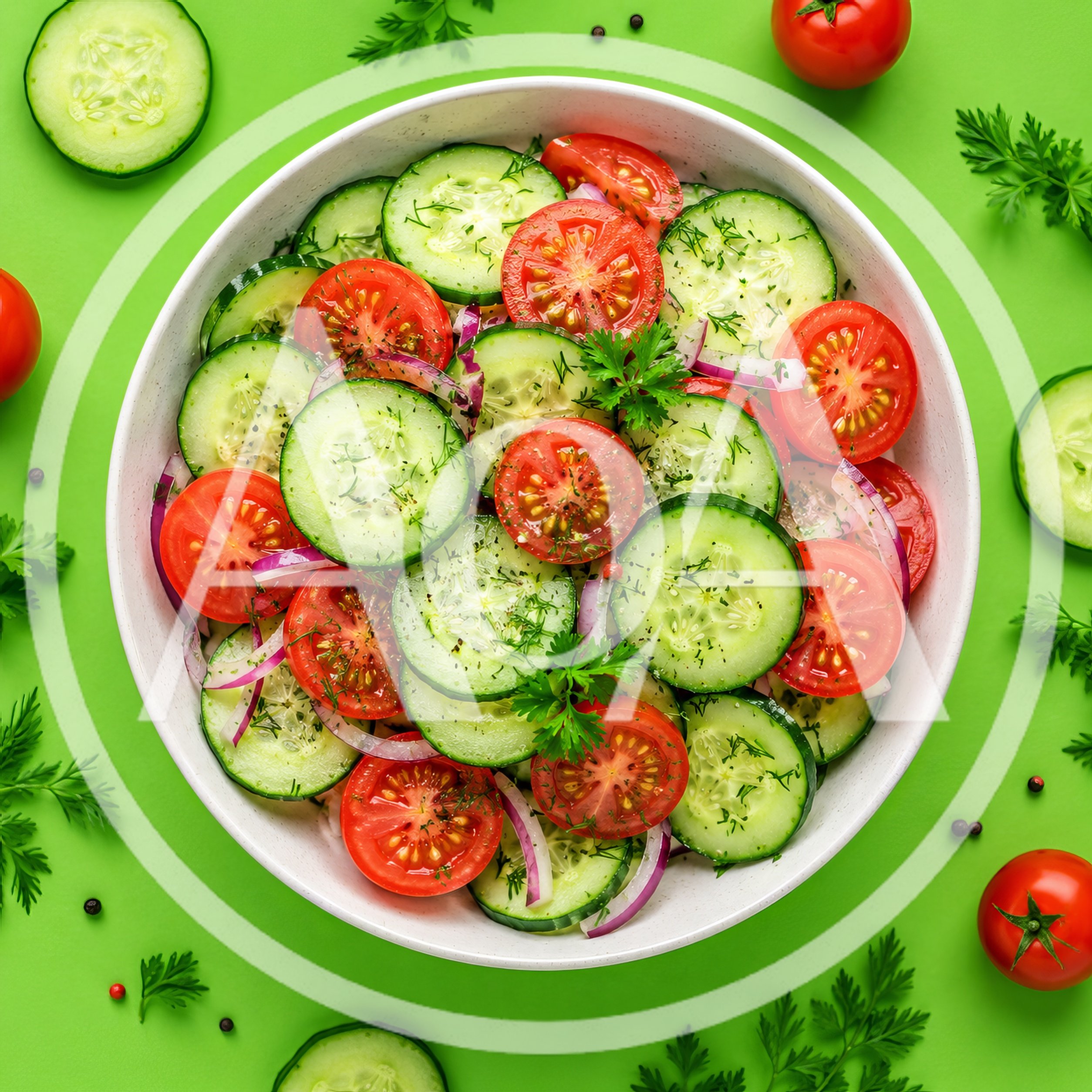Fresh Cucumber and Tomato Salad in White Bowl