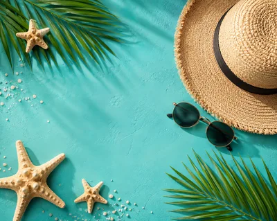 Summer Vacation Flat Lay With Straw Hat And Starfish