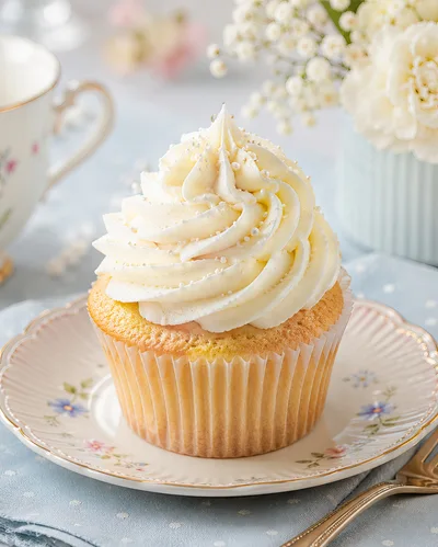 Single Vanilla Cupcake With White Frosting On Floral Plate