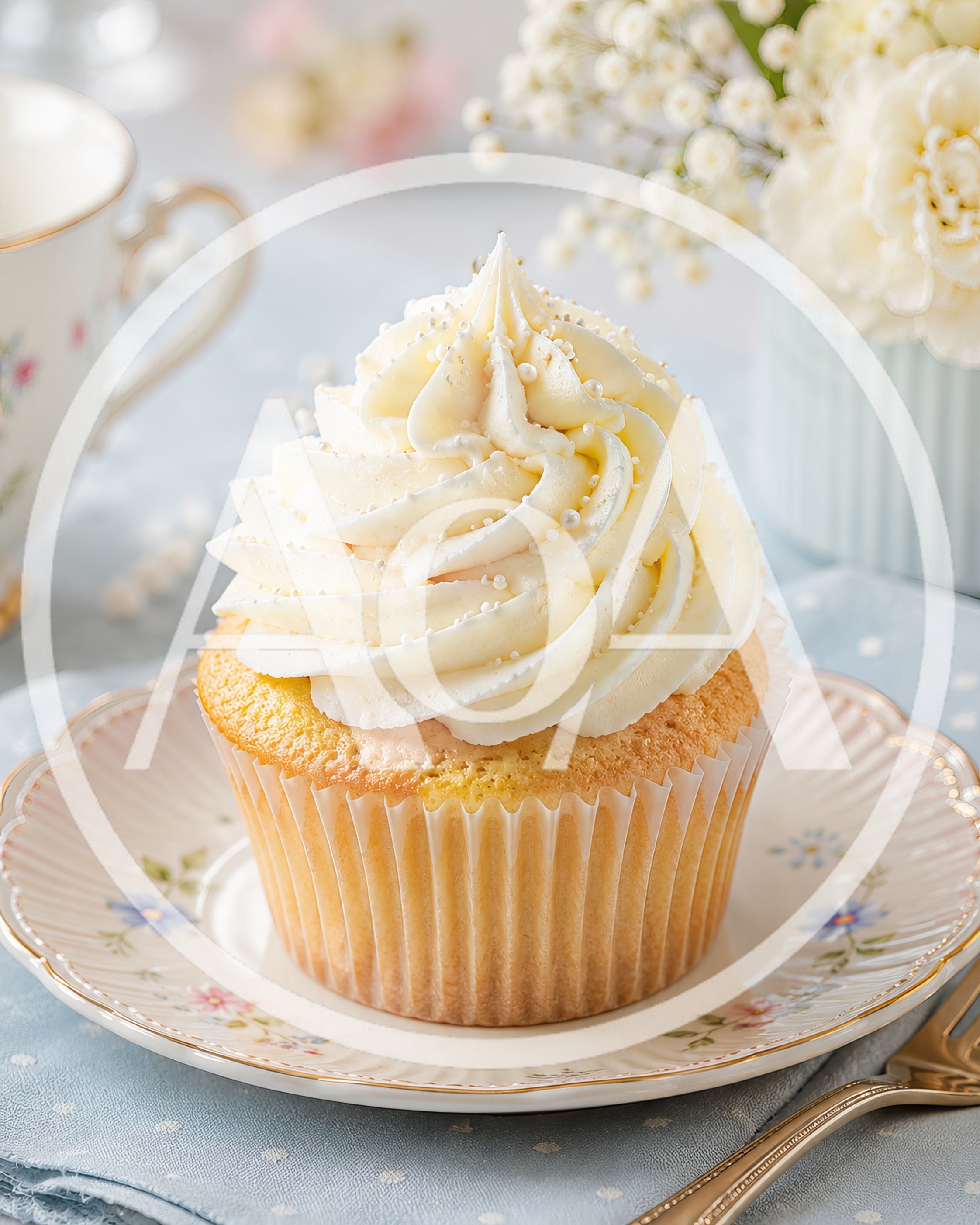 Single Vanilla Cupcake With White Frosting On Floral Plate