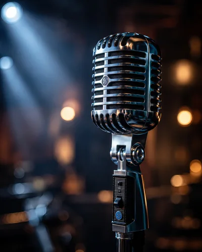 Vintage Chrome Microphone on Stage
