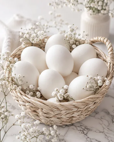 White Easter Eggs In A Woven Basket