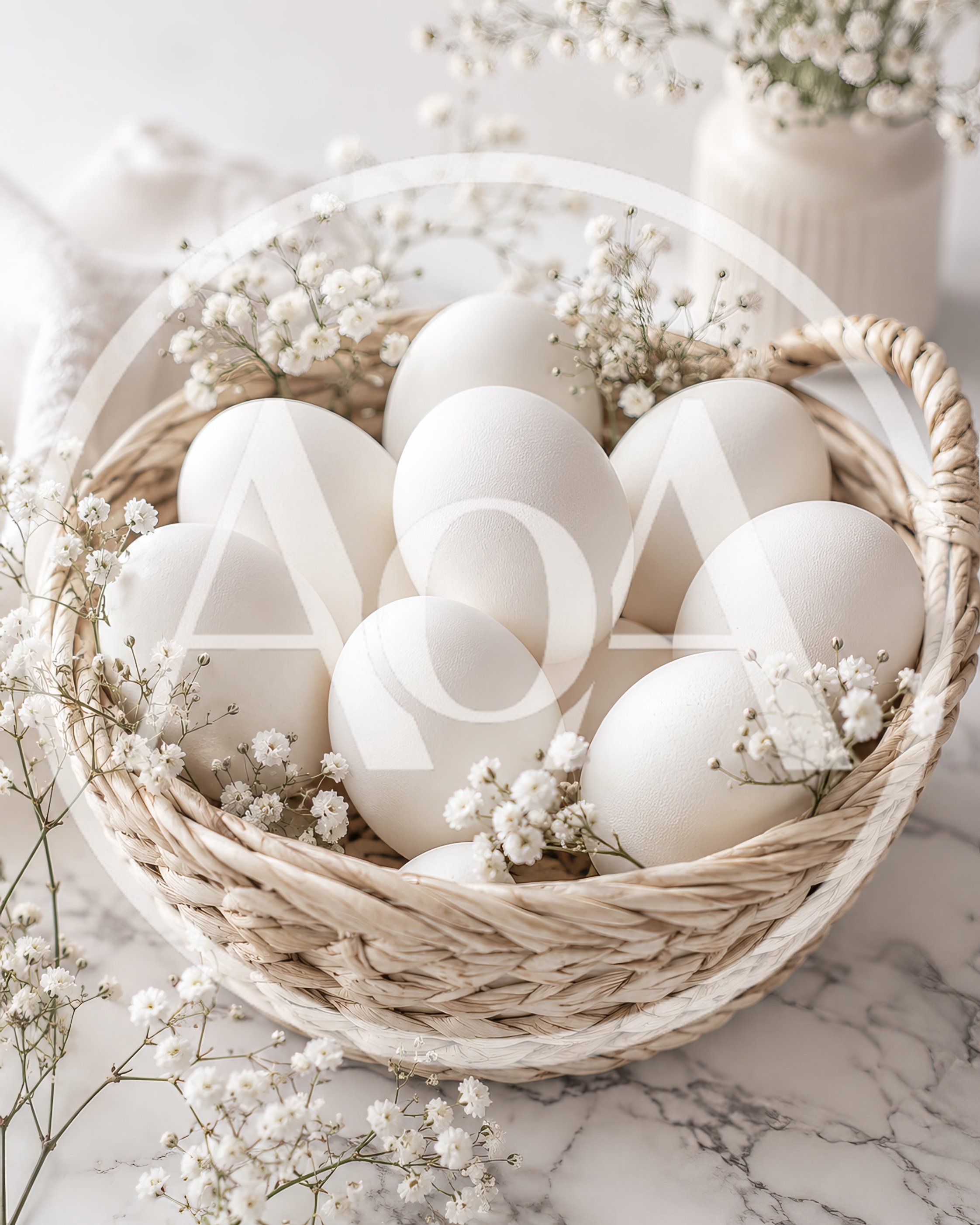 White Easter Eggs In A Woven Basket