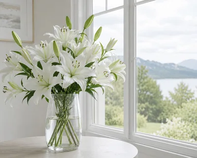 White Lily Bouquet in Glass Vase by Window