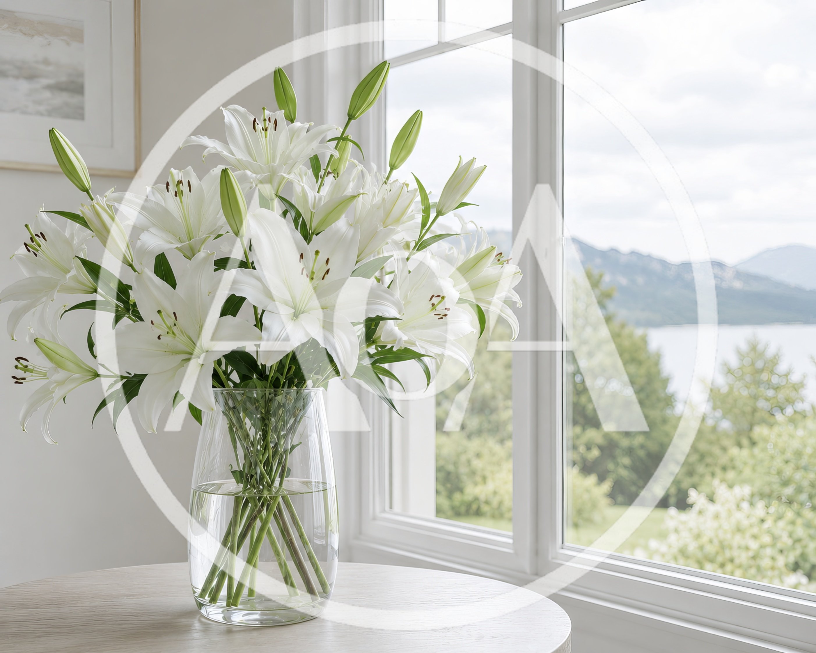 White Lily Bouquet in Glass Vase by Window
