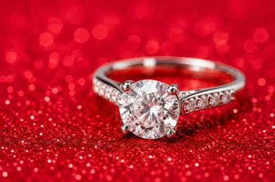 Diamond Engagement Ring on Red Glitter Background