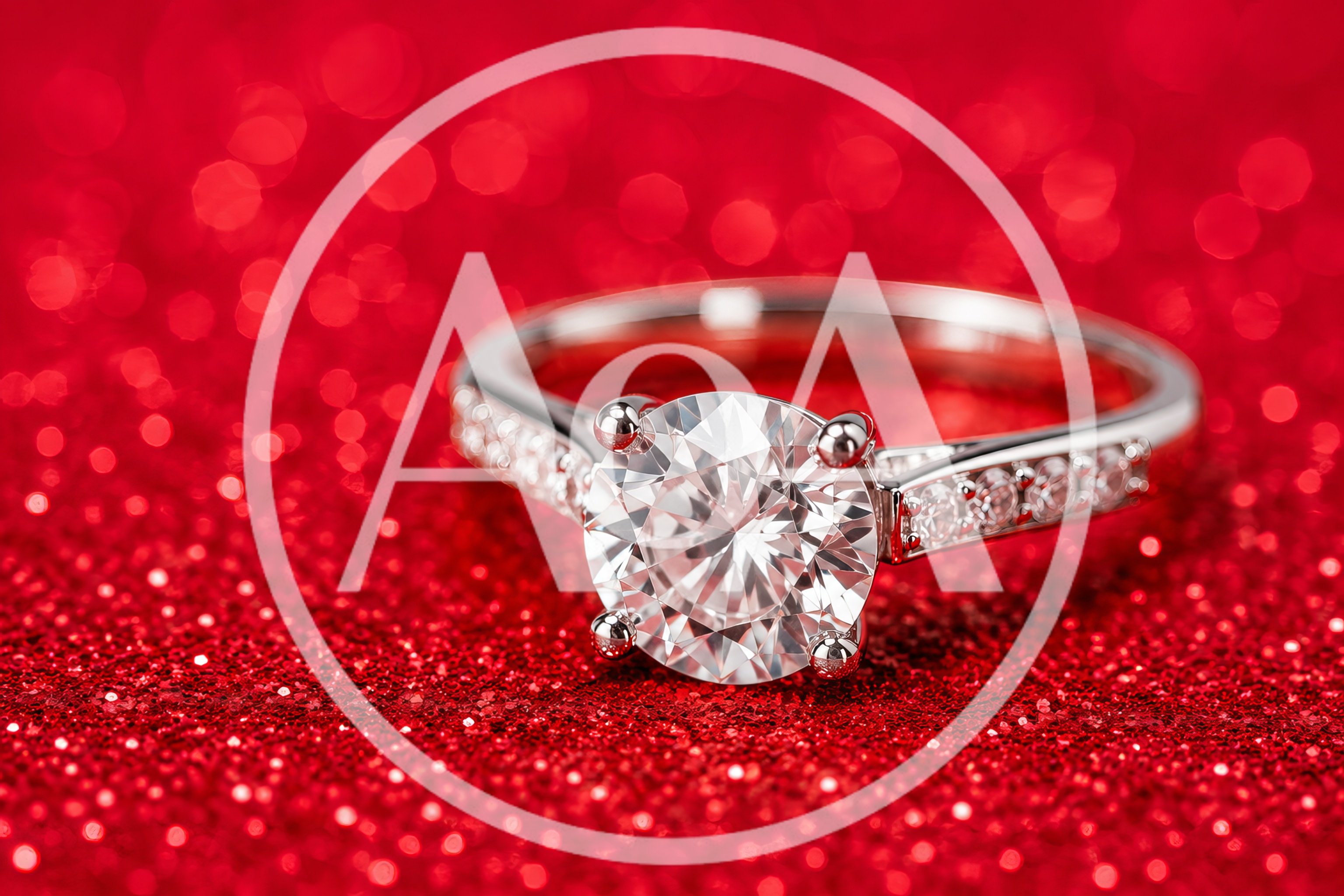 Diamond Engagement Ring on Red Glitter Background