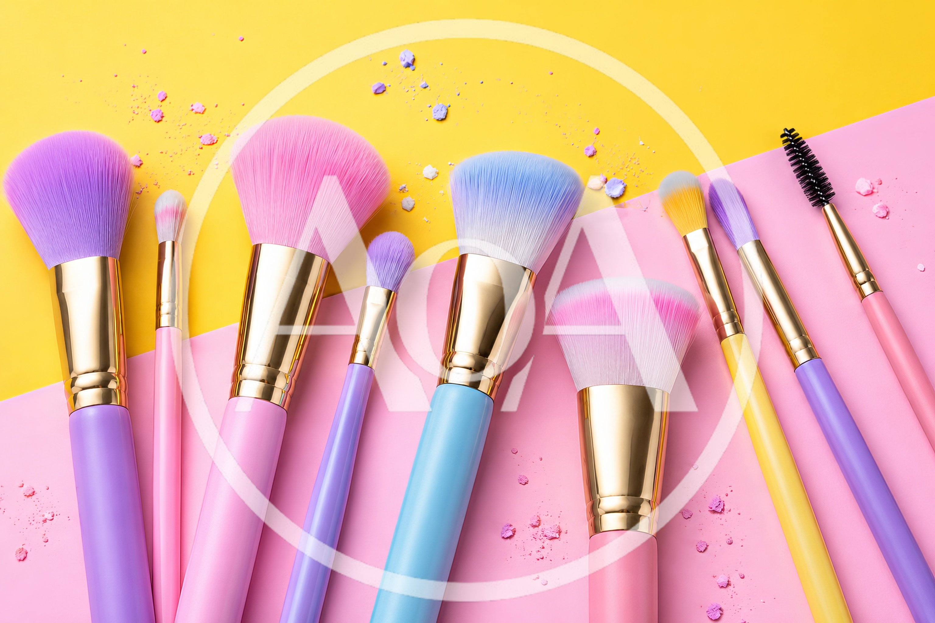 Colorful Makeup Brushes on Yellow and Pink Background