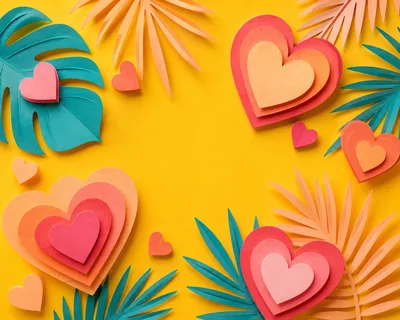 Paper Craft Hearts and Tropical Leaves on Yellow Background