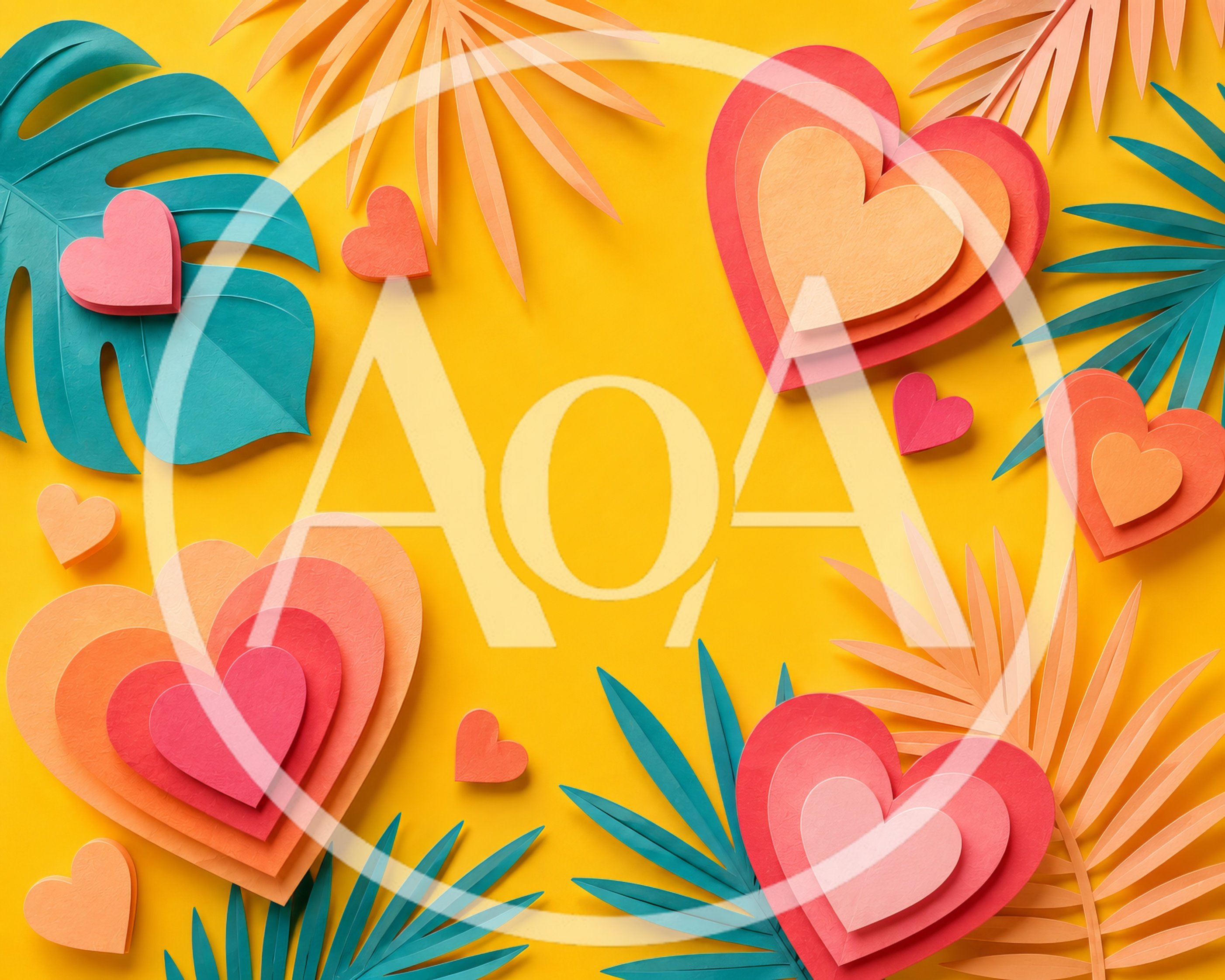 Paper Craft Hearts and Tropical Leaves on Yellow Background