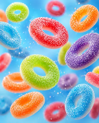 Colorful Sugared Gummy Rings Floating in Air