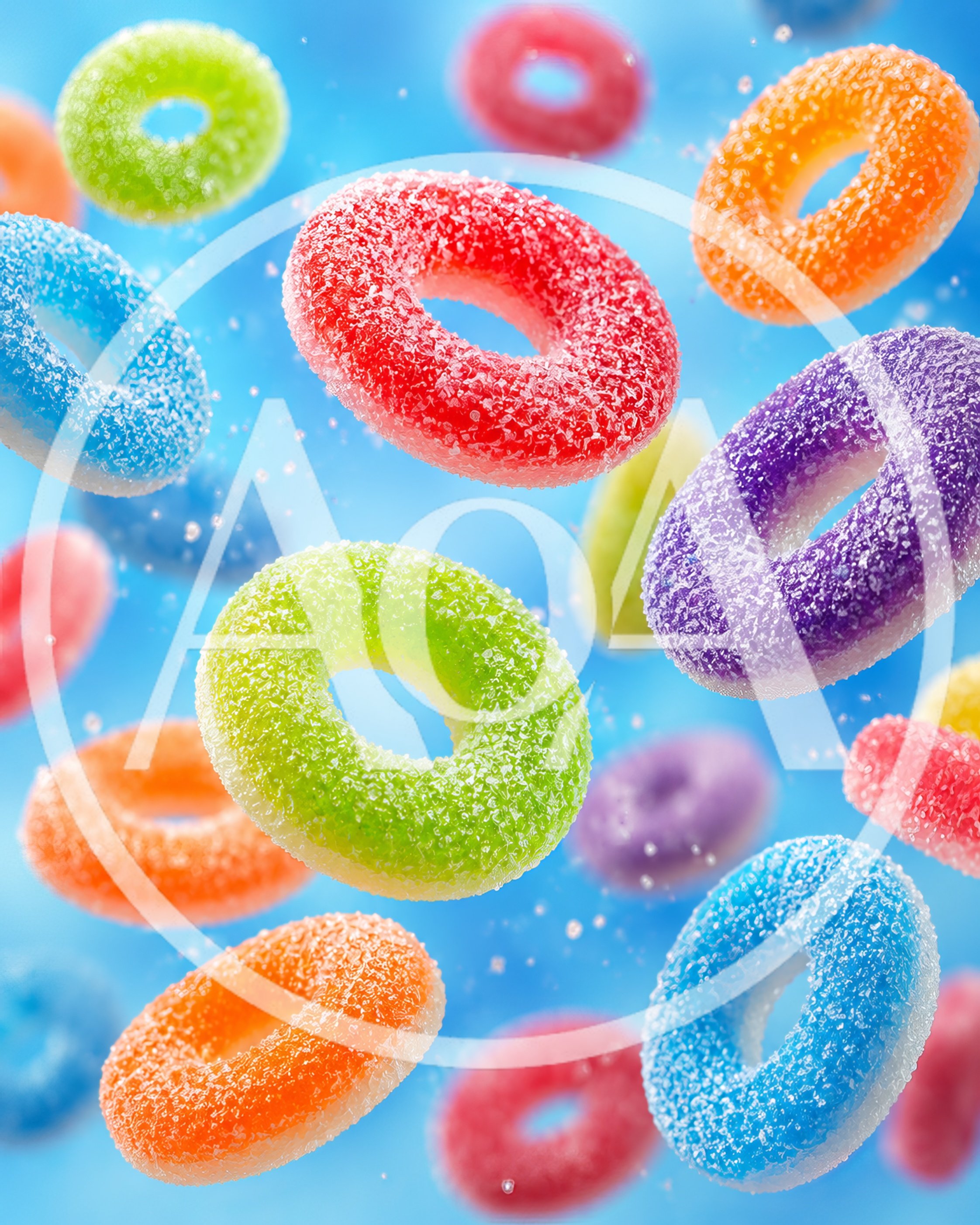 Colorful Sugared Gummy Rings Floating in Air