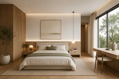Modern Minimalist Bedroom Interior With Natural Wood Accents