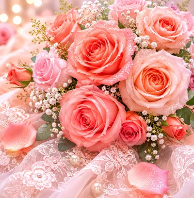 Elegant Pink Rose Bouquet With Lace And Pearls
