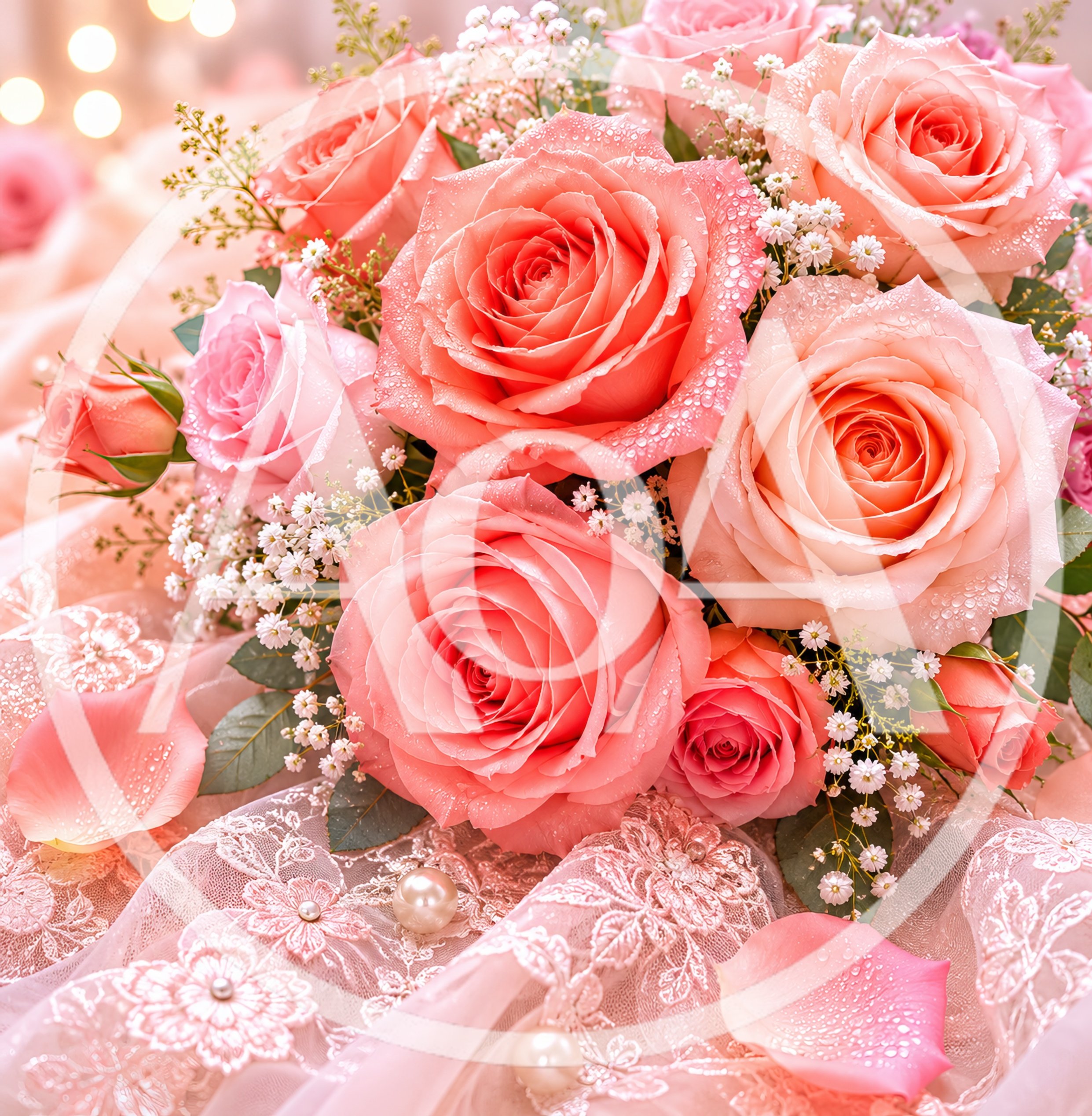 Elegant Pink Rose Bouquet With Lace And Pearls