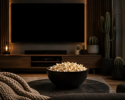 Bowl Of Popcorn On Coffee Table In Cozy Living Room