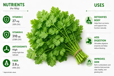 Cilantro Nutritional Benefits Infographic With Fresh Herb Bundle