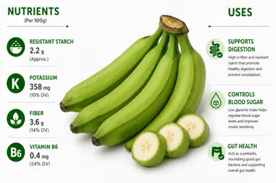 Green Plantain Nutritional Infographic With Fresh Fruit