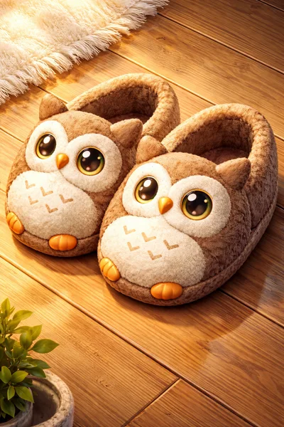 Pair of Cute Owl Slippers on Wooden Floor