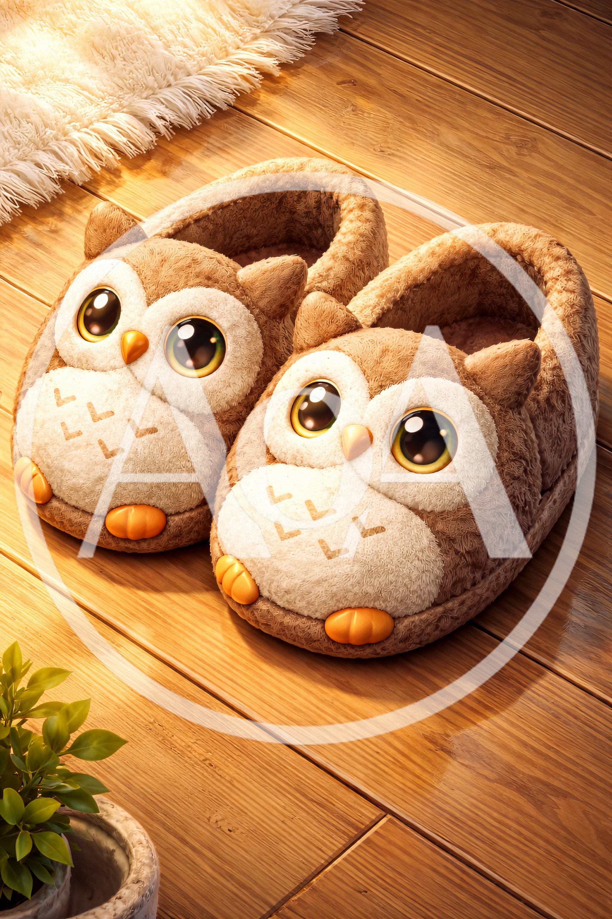 Pair of Cute Owl Slippers on Wooden Floor