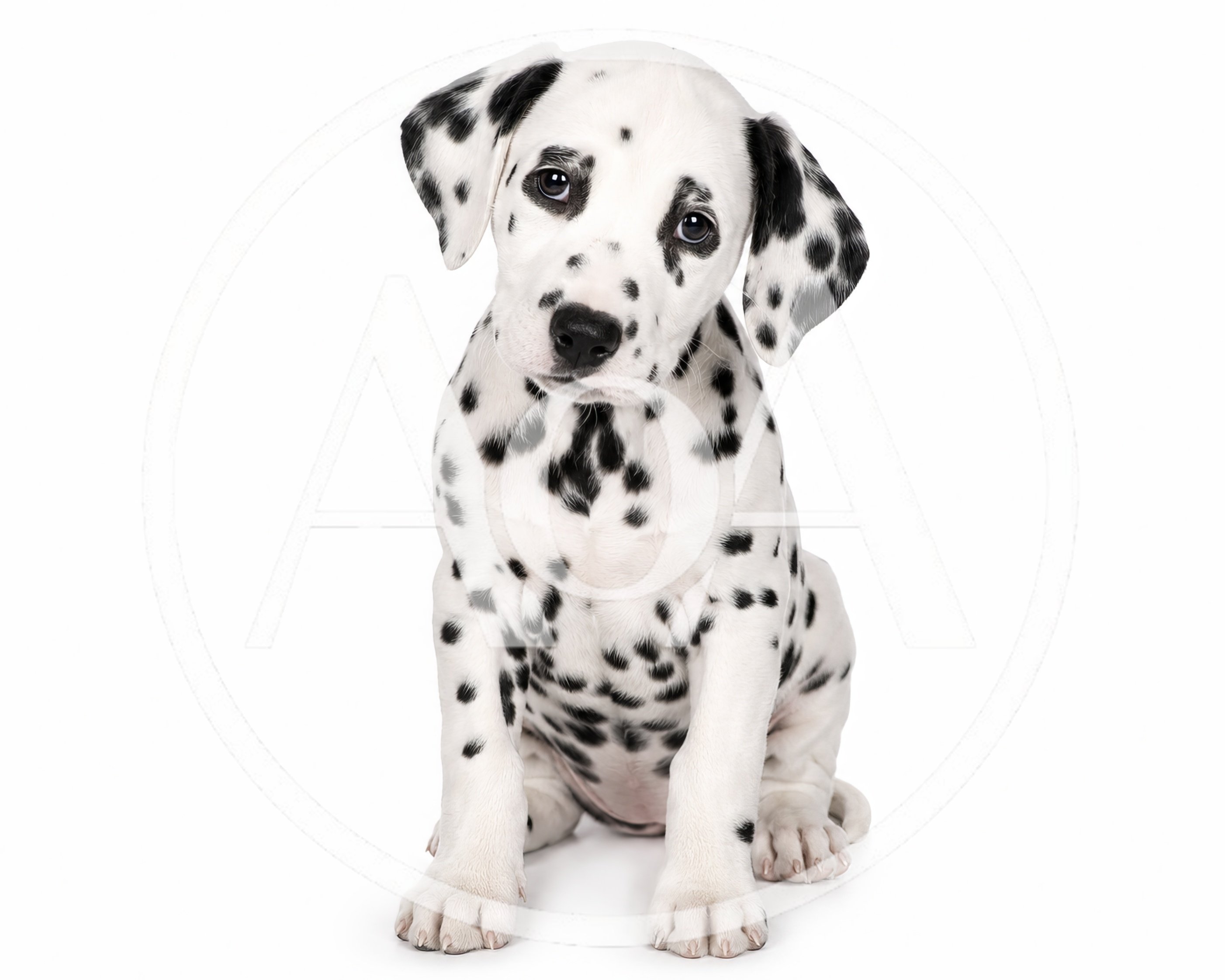 Adorable Dalmatian Puppy Sitting On White Background