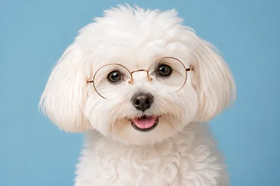 Portrait Of A Cute White Dog Wearing Glasses