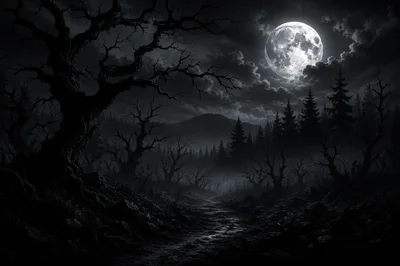 Eerie Dark Forest Under A Full Moon