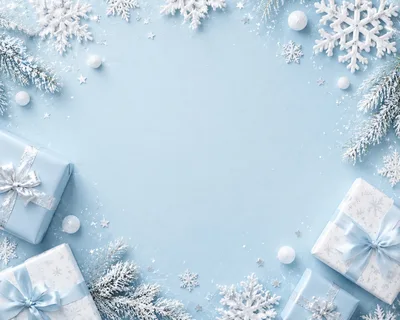 Christmas Gift Boxes and Snowflakes on Light Blue Background