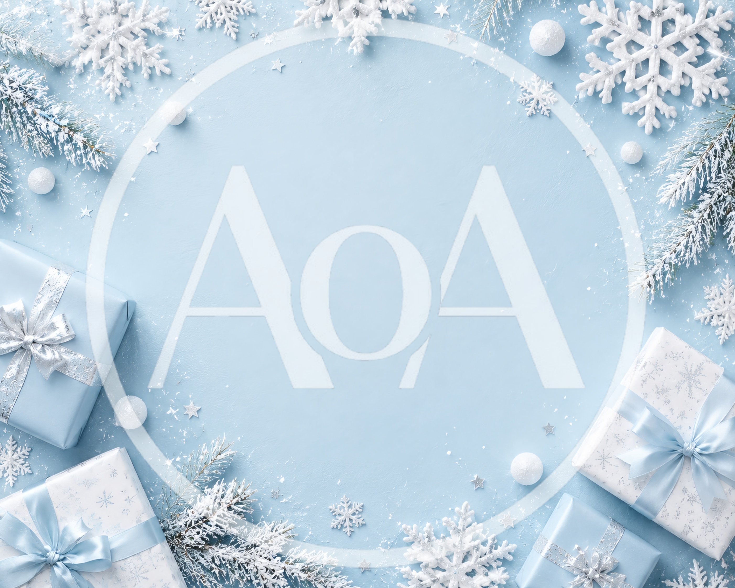 Christmas Gift Boxes and Snowflakes on Light Blue Background