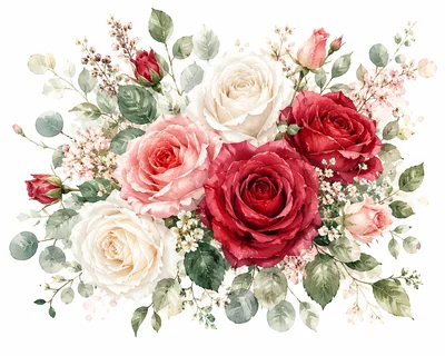 Watercolor Floral Bouquet With Red And White Roses