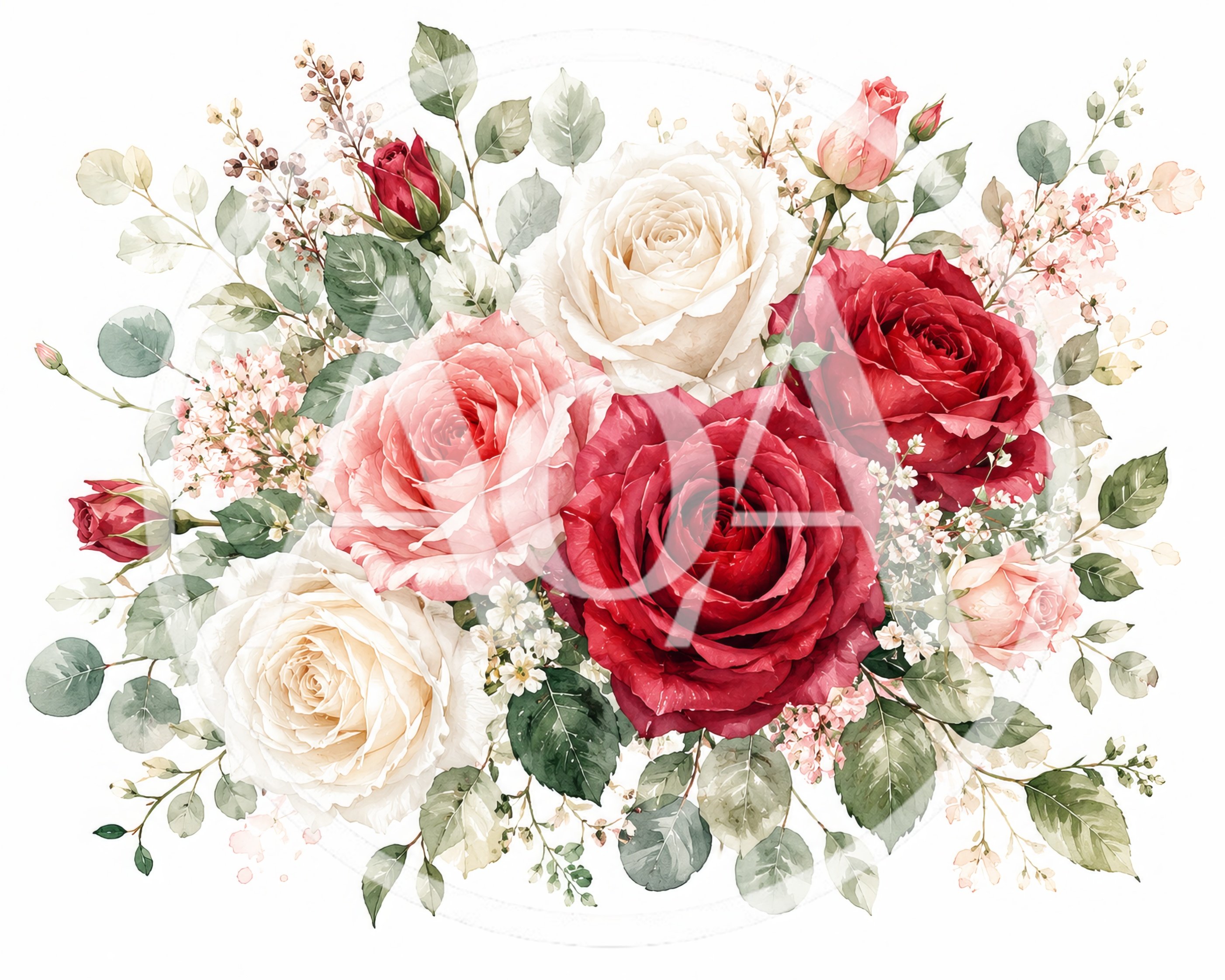 Watercolor Floral Bouquet With Red And White Roses