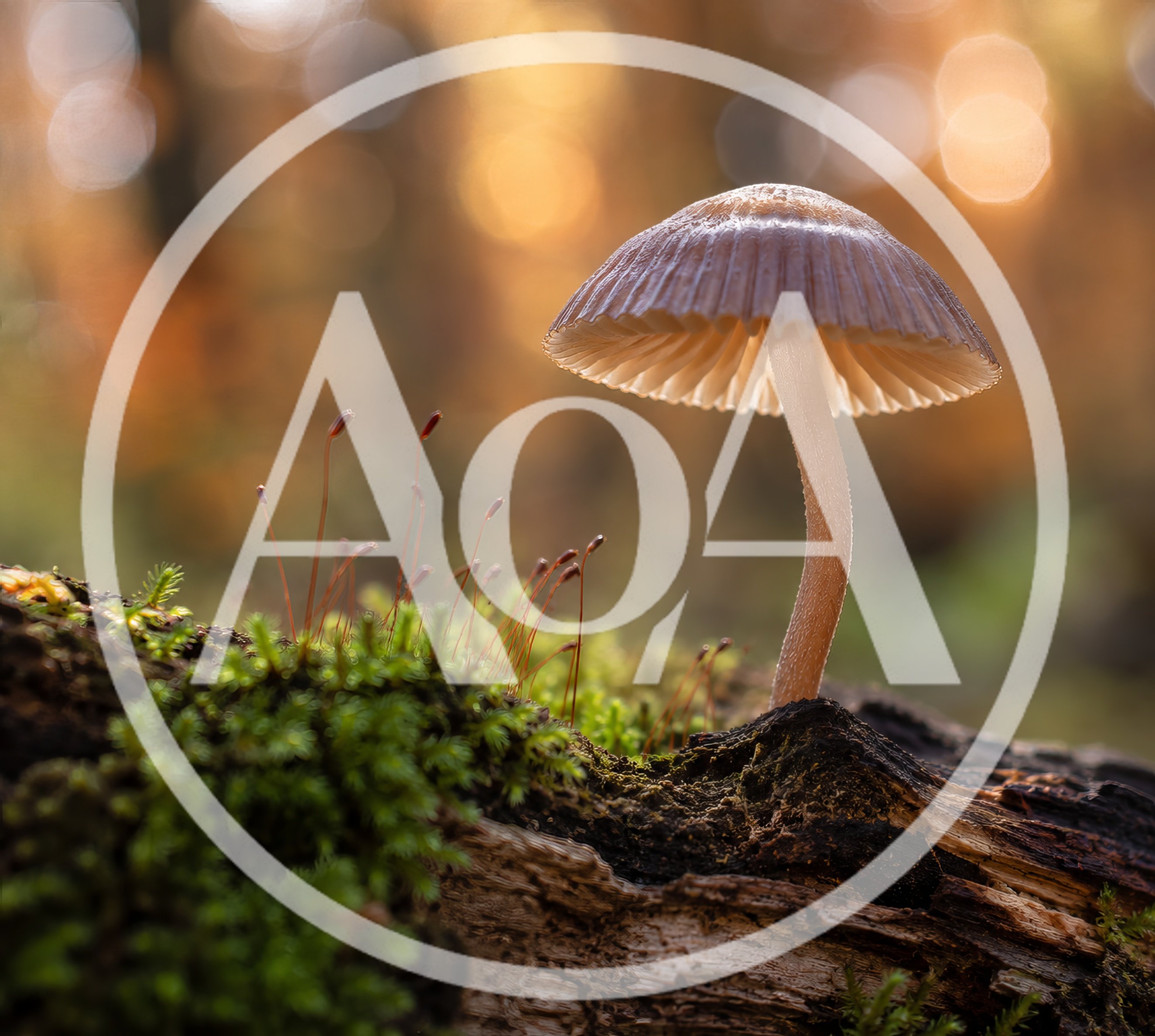 Single Mushroom Growing On Mossy Log In Forest