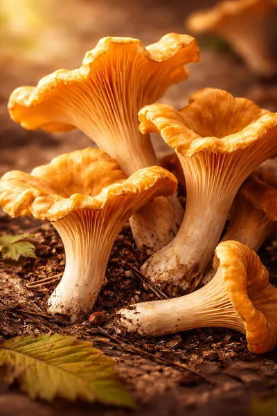 Group Of Fresh Golden Chanterelle Mushrooms In Forest