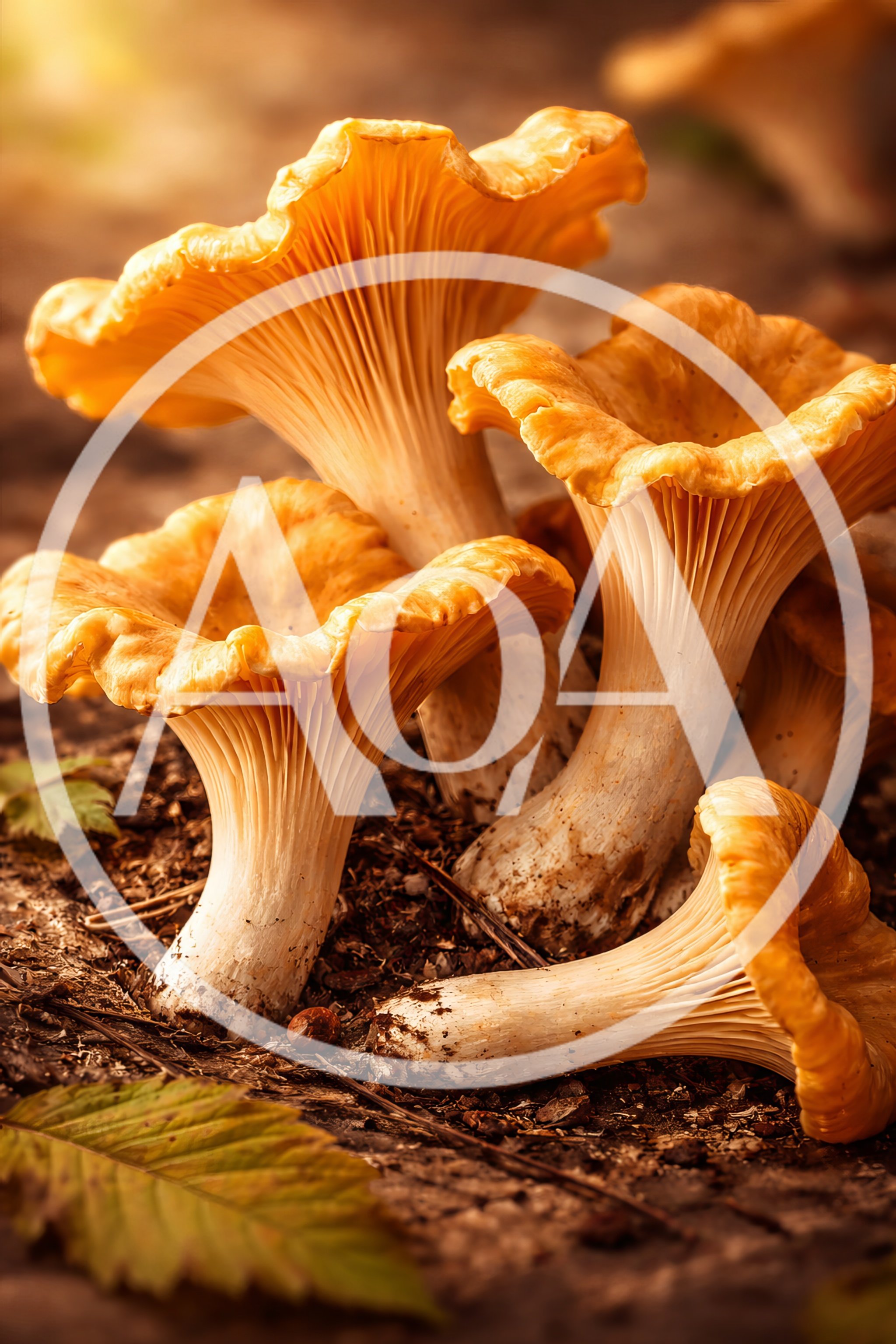Group Of Fresh Golden Chanterelle Mushrooms In Forest