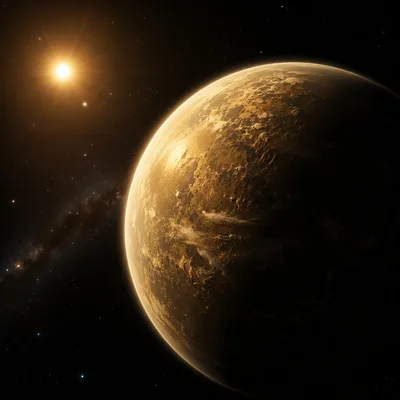 Golden Exoplanet Orbiting A Distant Star In Deep Space