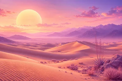 Vast Desert Landscape Under A Glowing Sunset