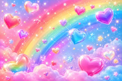 Dreamy Rainbow Background With Floating Hearts And Stars