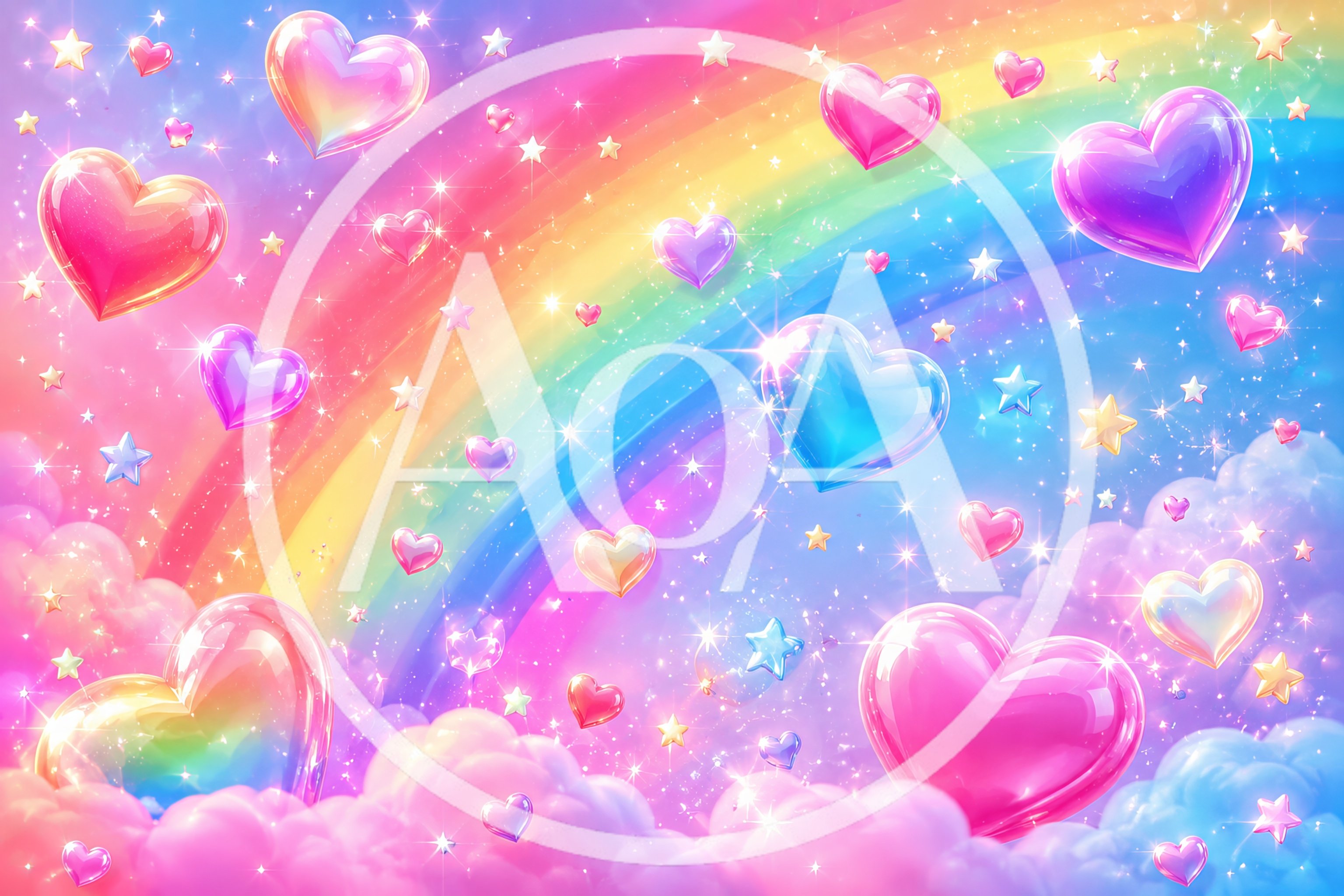 Dreamy Rainbow Background With Floating Hearts And Stars