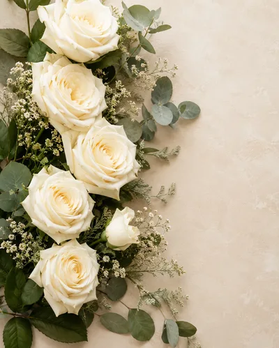 Elegant White Rose Bouquet on Textured Beige Background