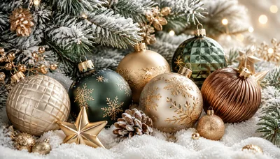 Christmas Ornaments And Pinecones On Snowy Surface